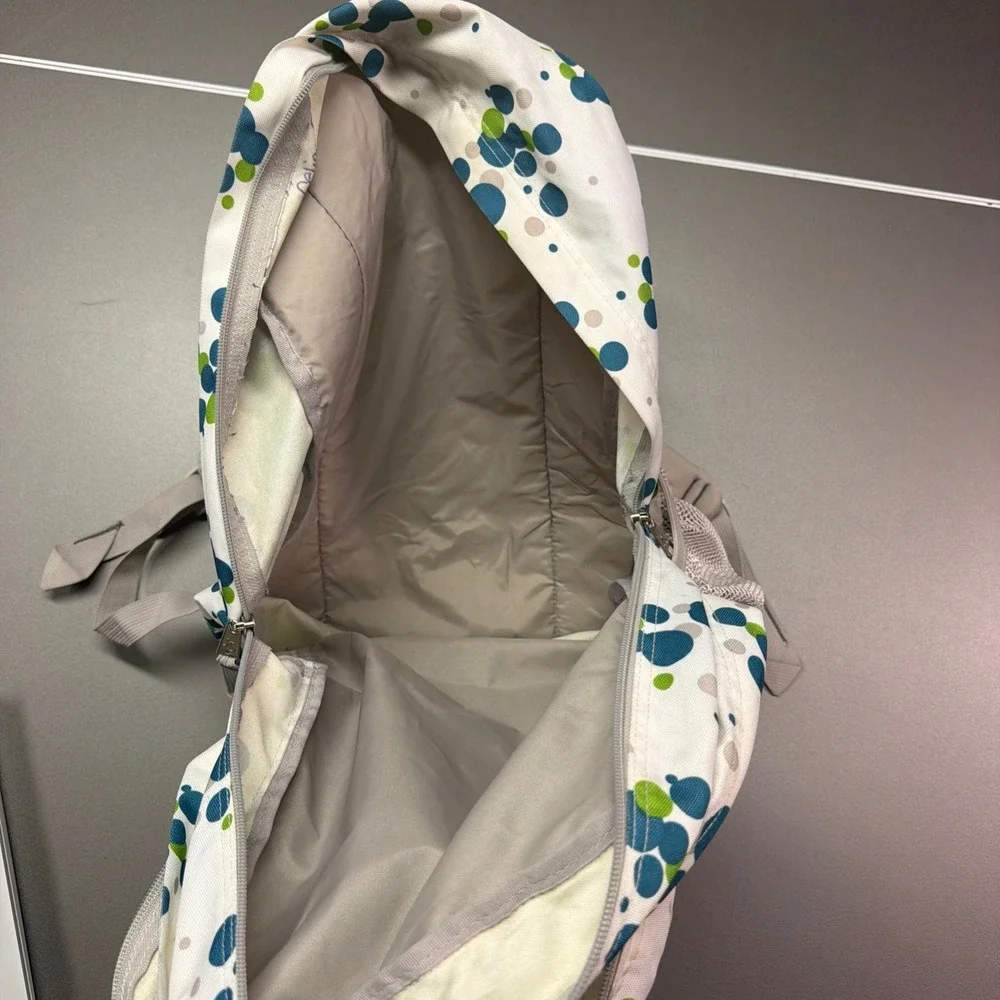 JanSport full-size backpack with a white, green, and blue polka dot pattern‎